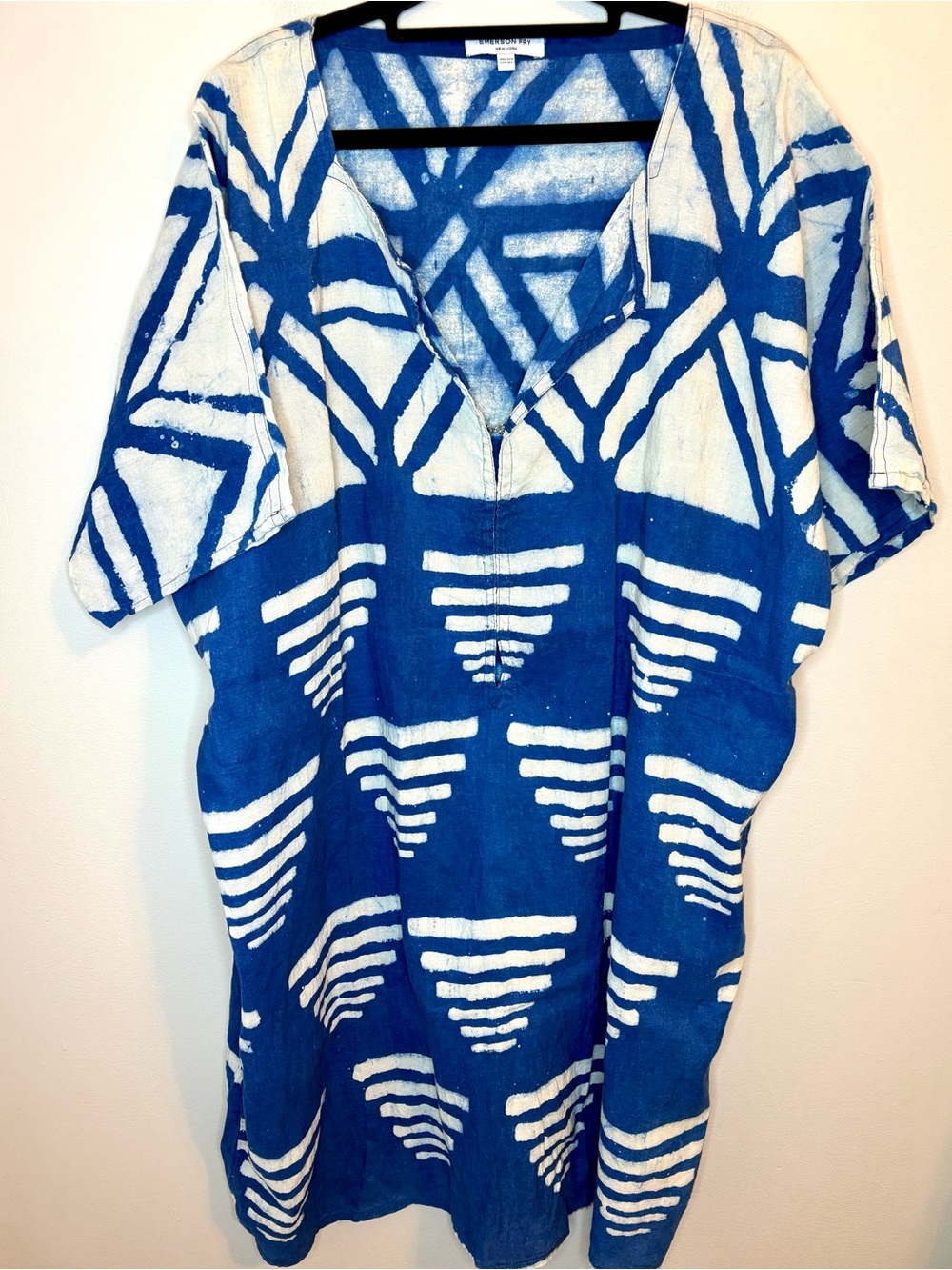 Emerson Fry Organic Linen Caftan Indigo Blue Cream Block Print One Size